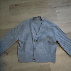 Zara Blue Cardigan Sweater with V-Neck and Ribbed Knit